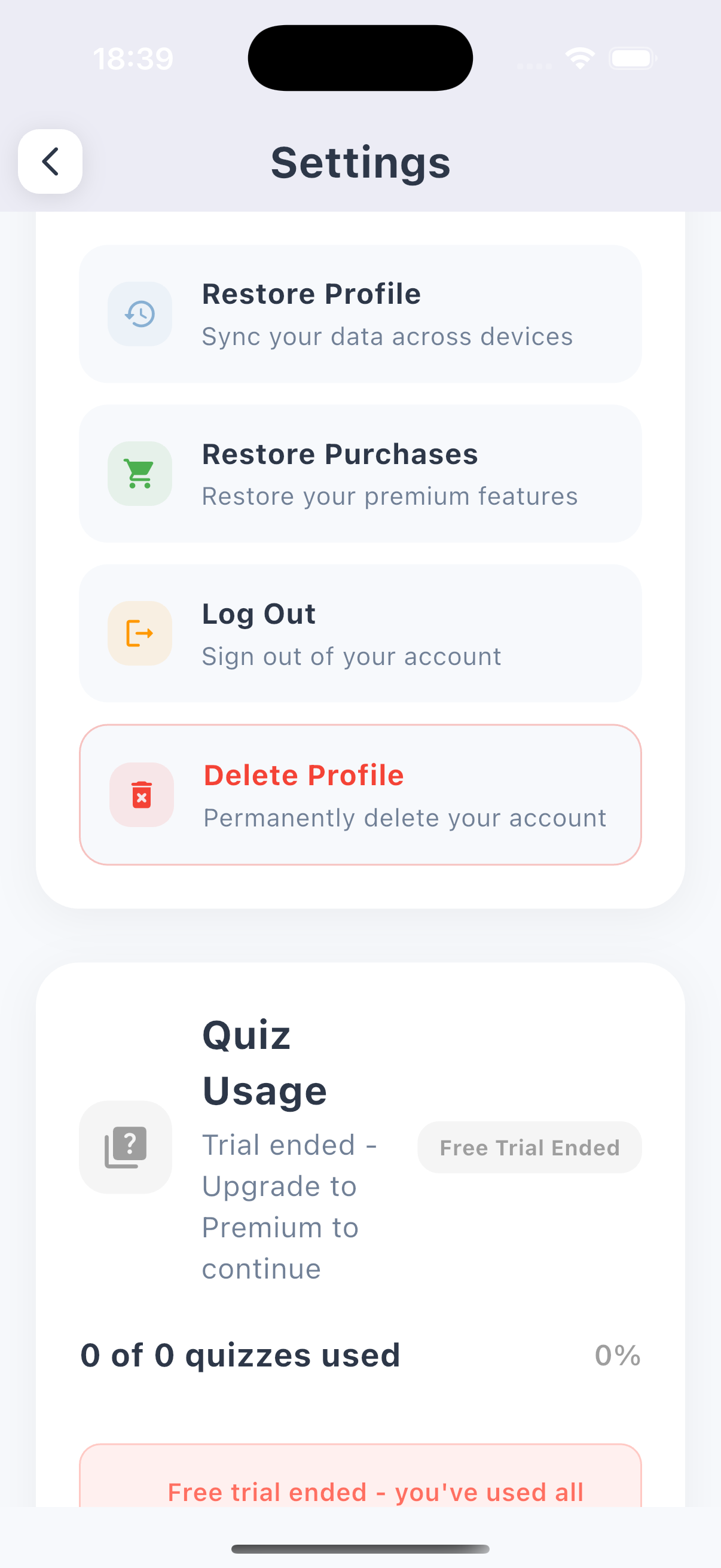 Account deletion screen